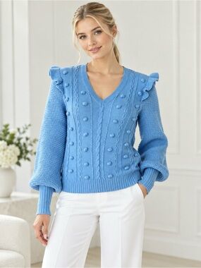 Lilly Pulitzer Greta Cable Knit Sweater Pom-Pom Accents Ruffle Shoulders V-Neck